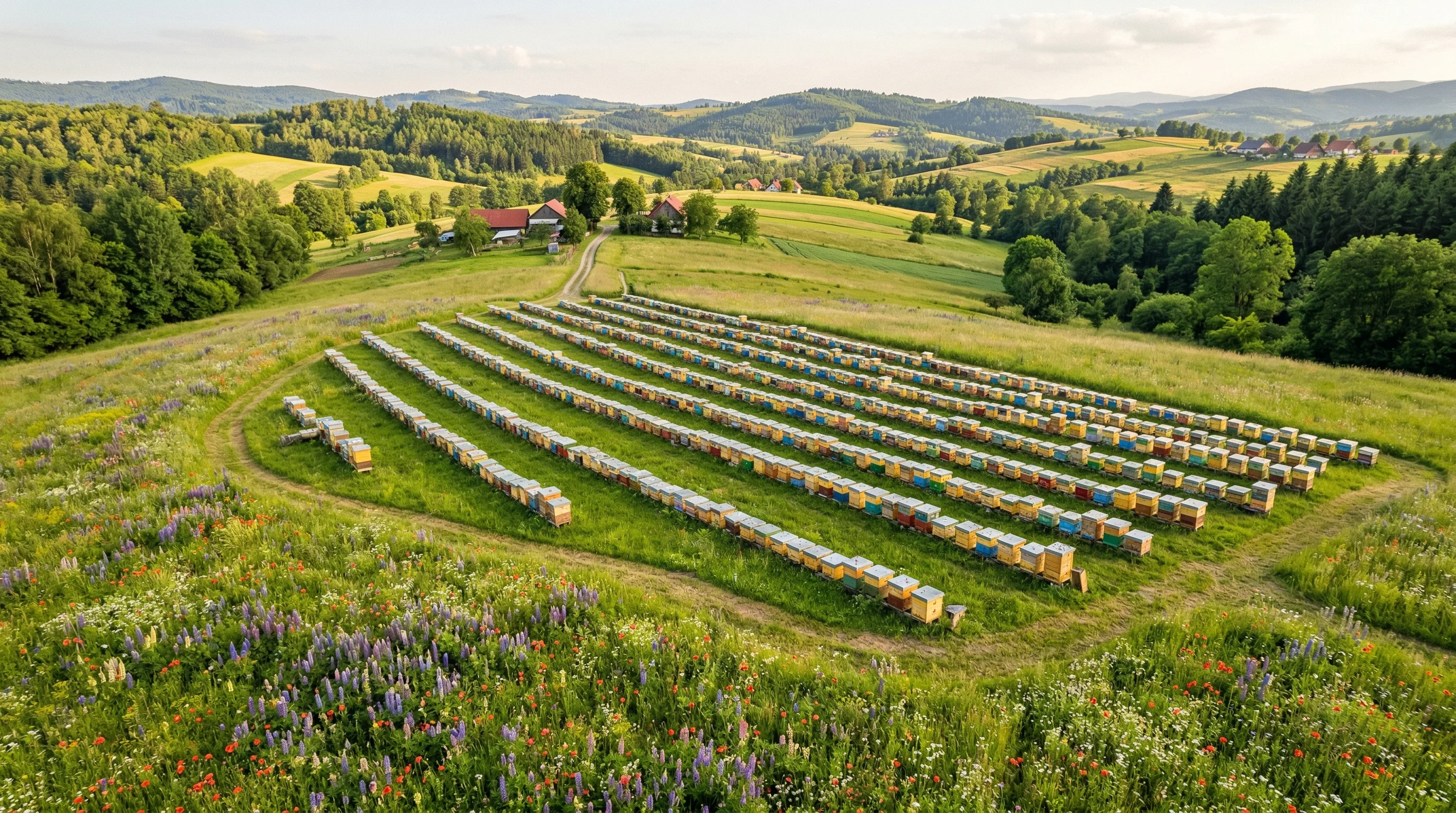 Pasieka z rzędami uli na zielonej łące