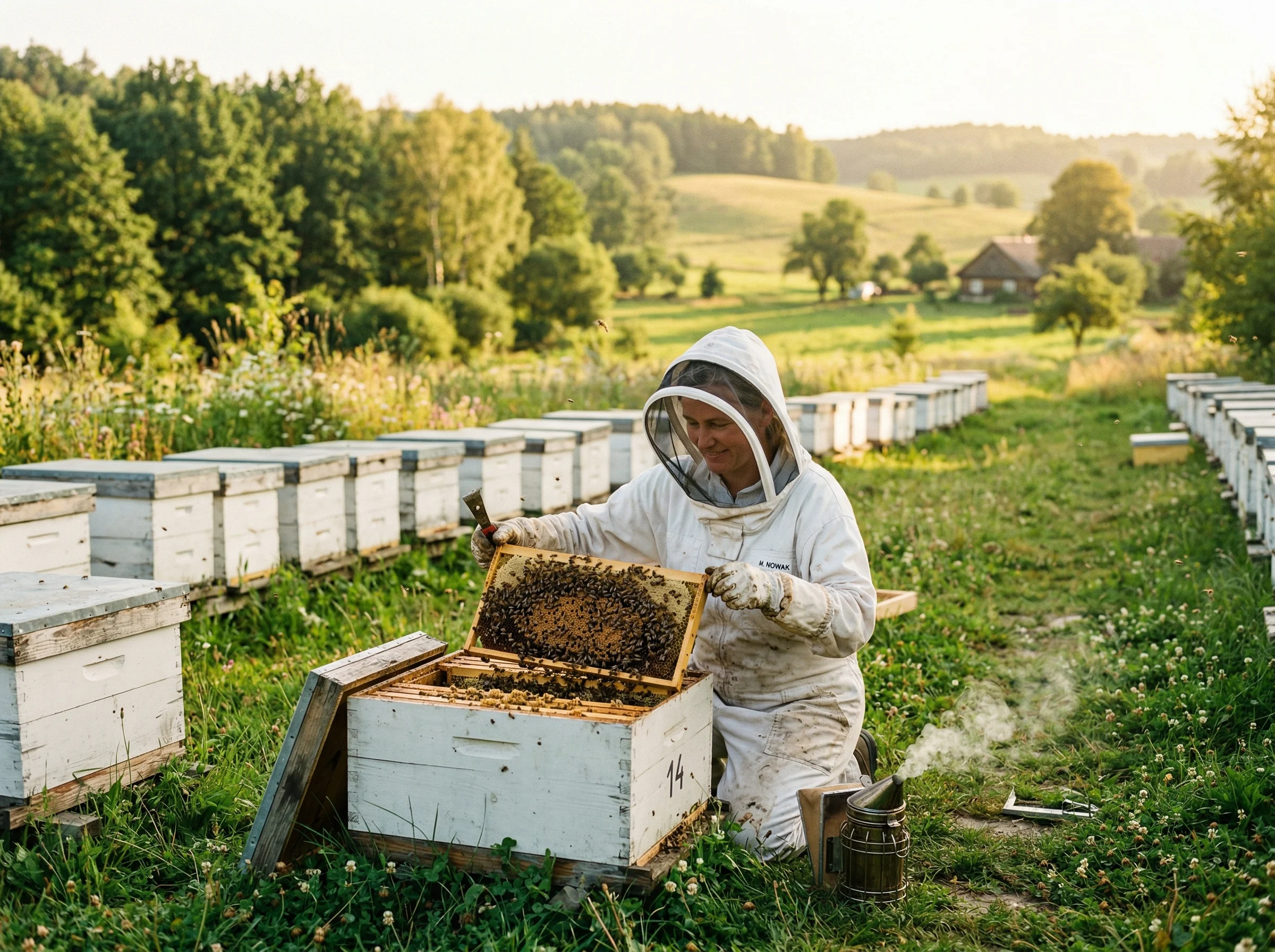 Pszczelarz pracujący przy ulach w słoneczny dzień