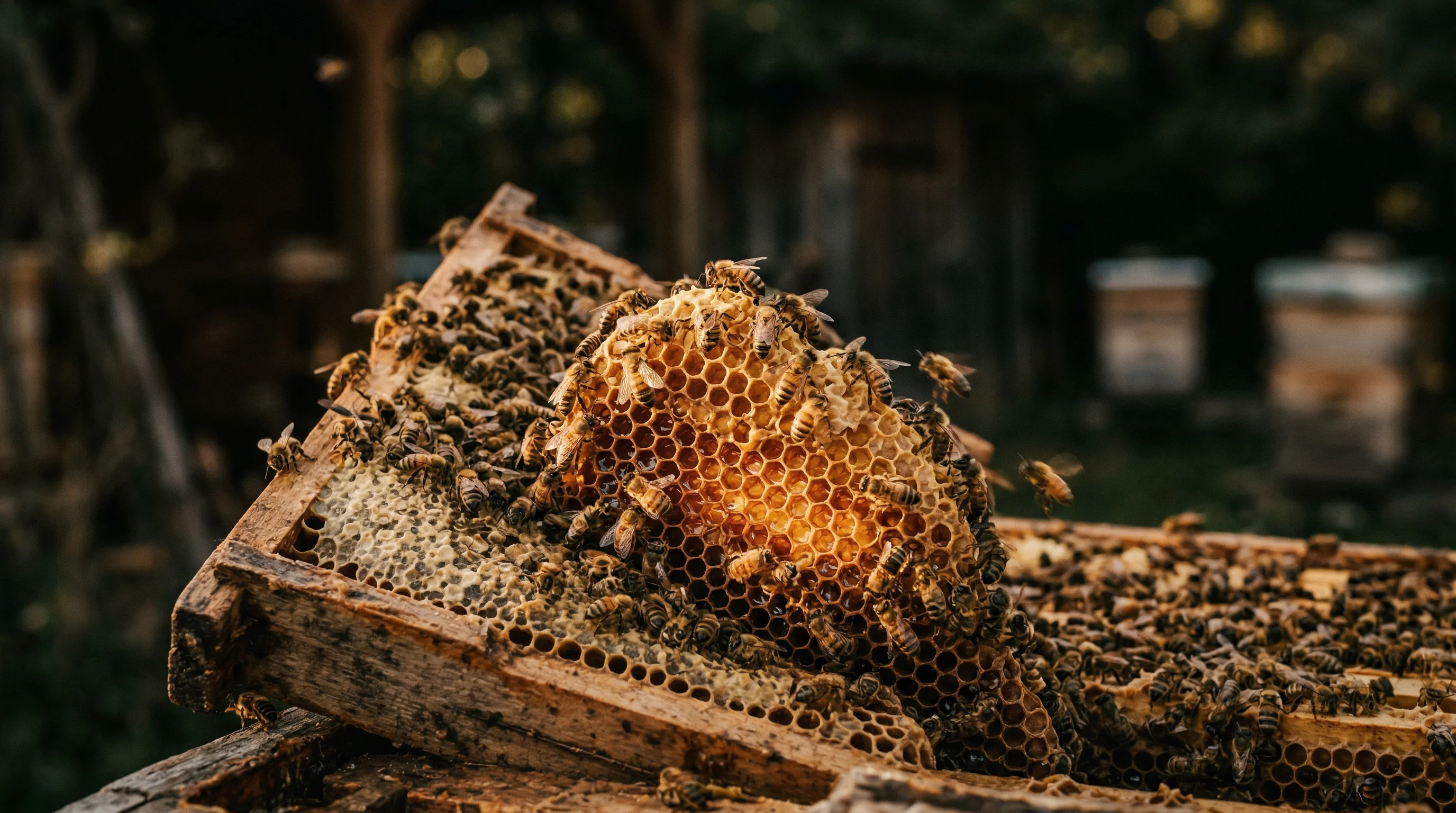 Ramka pszczela z plastrami miodu w ciepłym świetle